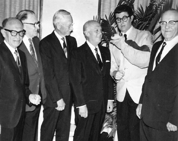 Dave Fleischer, Paul Terry, John Randolph Bray, Walter Lantz, Bob Clampett (with Cecil puppet), and Otto Messmer. Photo courtesy of Michael Barrier