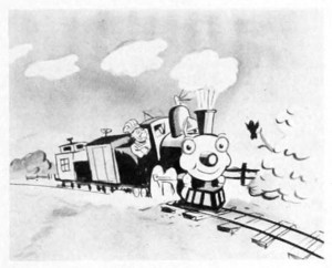 A black and white trade photo, from the 1953 No. 1 Vol. 14 issue of Business Screen Magazine for “The Happy Locomotive” color filmstrip.  Filmstrips were long pieces of 35mm film, ranging from a few feet to a yard or two in length and were composed of individual pictures.  They were frequently used as educational aides in schools, factories, military institutions, etc. for teaching and demonstrating concepts and ideas.  Soundtracks for these films were issued on vinyl records.