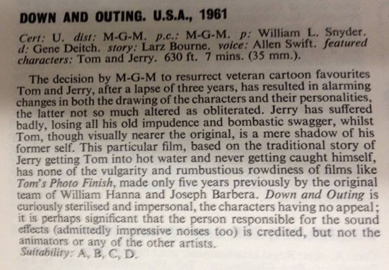 Review of a Deitch Tom & Jerry cartoon from the British "Monthly Film Review", August 1962 (via, Tony Perodeau)