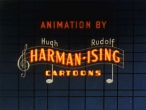 The onscreen logo for Harman and Ising Cartoons as seen during the credits of “Good Wrinkles”.  The logo was first used on the 1934 M-G-M ‘Metrocolor Cartoon’ “The Discontented Canary”.  The logo stopped being used in 1938 after Hugh Harman and Rudolf Ising were hired individually by M-G-M.  It was revived again in 1946 when Harman & Ising Cartoons was revived
