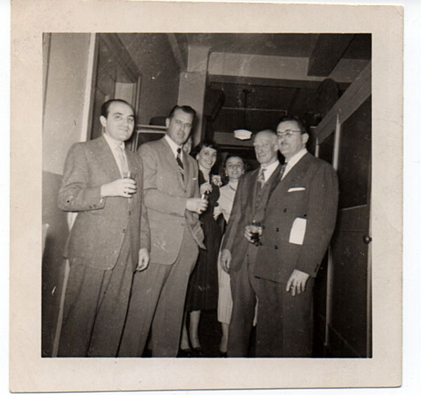 Christmas Party at Famous Studios December 24th 1955. Left to Right: Harry Ryterbrand, Elsworth Barthen, Mary Zaffuto (Waldron), Marie Gallone, Jeff Price and Dave Tendlar. 