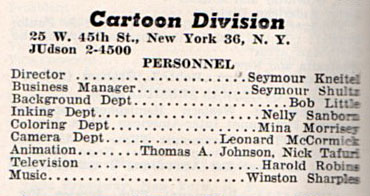 From the 1958 Film Daily Yearbook, reflecting the 1957 personnel of the Paramount Pictures "Cartoon Division"
