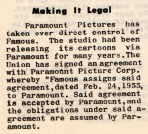 A notice in the October 1956 cartoonist union newsletter, TOP CEL, informing of Paramount's takeover. 