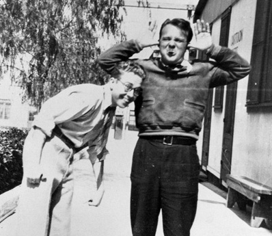 This photograph of Cal Howard (leaning in) and Tex Avery standing in front of the Universal Cartoon Department is courtesy of Michael Barrier.