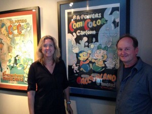Leslie Iwerks and I pose in front of some of the amazing original ComicColor posters on display at her studio in L.A. (photo by Jerry Beck)