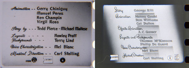 The credits from Tweetie Pie (left) and Mouse Menace (right), off the negatives. Thank David Gerstein. More about Tweety's titles here. 