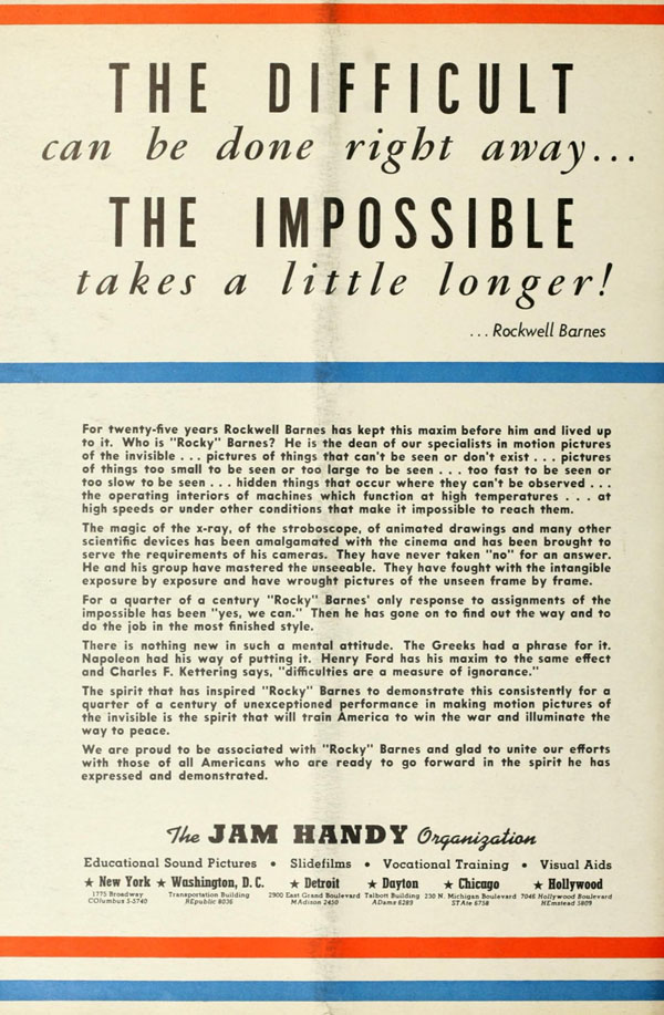 A Jam Handy trade ad from World War II, honoring and showcasing the work of Rockwell “Rocky” Barnes.