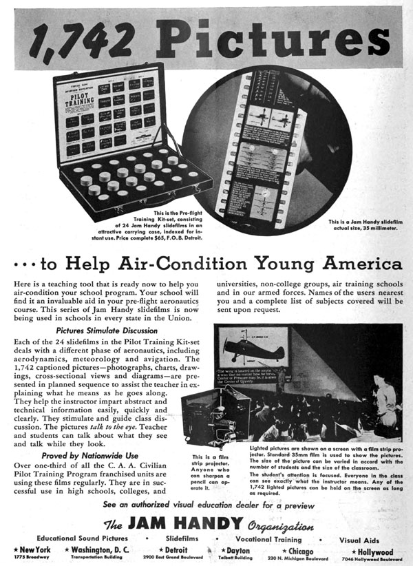 Trade ad for one of Jam Handy’s World War II era projects: a pilot training filmstrip series, which was produced prior to the entering of World War II.  This set, like many other military and war front projects Jam Handy produced throughout 1940 and 1941, required Rockwell Barnes’ artistry and skill.  Projects such as these were far more important than a series of novelty advertisement films for Chevrolet, which explains the absence of Barnes’ work in them throughout 1940 and 1941.